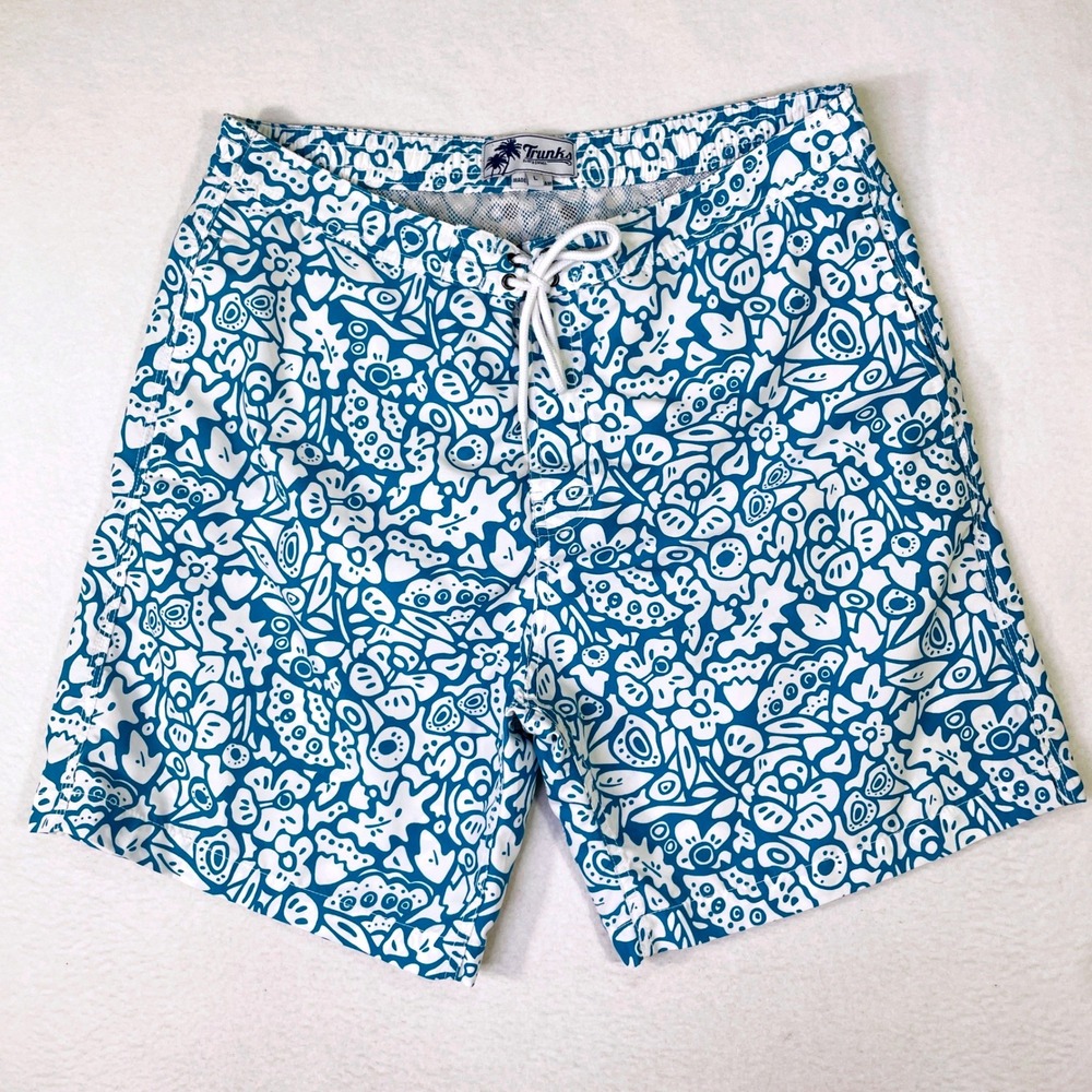 Trunks Surf & Swim Co Mens Blue White Floral Abstract Board Shorts Size L